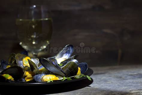 Mussels With Glass Of White Wine And Thyme Stock Image Image Of Luxury Board 49578337