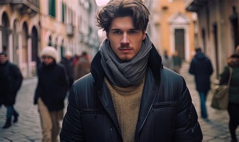 Premium Ai Image Young Caucasian Man Walking In Winter Through The