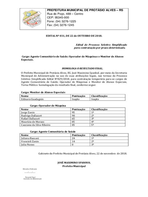 Preenchível Disponível Edital de Processo Seletivo Simplificado Fax