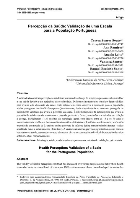 Pdf Perceção Da Saúde Validação De Uma Escala Para A População