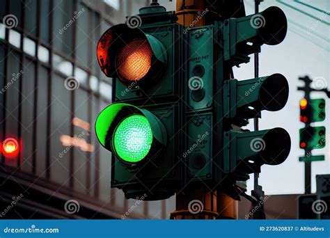 Green Traffic Light Hanging from the Ceiling in Busy Intersection Stock Illustration ...