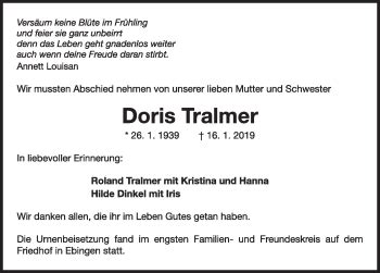 Traueranzeigen Von Doris Tramler Schwarzw Lder Bote Trauer