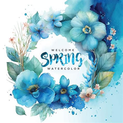 Bienvenido Primavera Flores Azules Pintura Acuarela Vector Premium