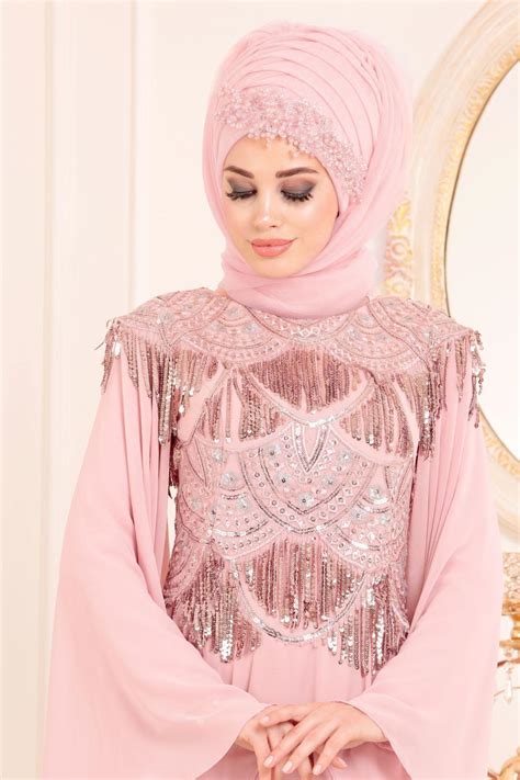 Rose Poudr Tesett Rl Abiye Elbise Robes De Soir E Hijab Pd