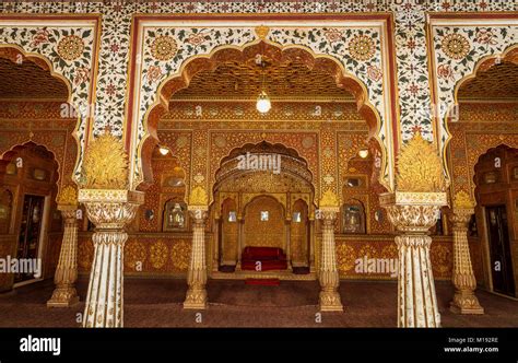 Junagarh Fort Bikaner Rajasthan royal palace interior architecture details with emperor throne ...