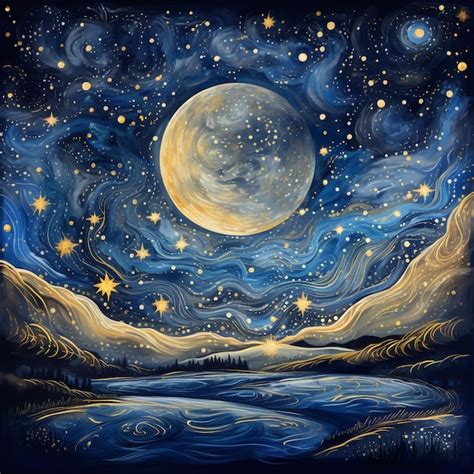 Premium AI Image | starry night painting of a full moon and stars over a lake generative ai