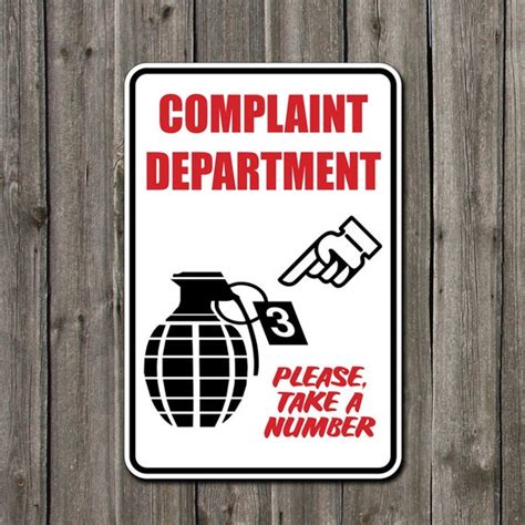 Funny Metal sign complaint department grenade by BlueFoxGraphics