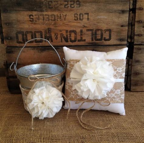 Flower Girl Basket Ring Bearer Pillow Set Shabby Chic Wedding Rustic