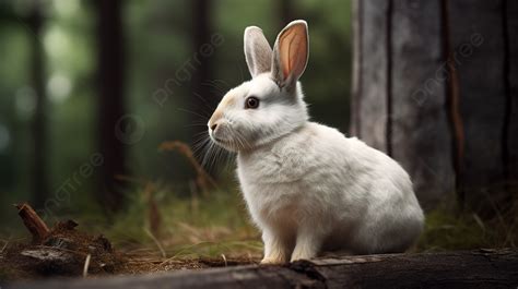 Kelinci Putih Sedang Duduk Di Dekat Hutan Gambar Kelinci Latar