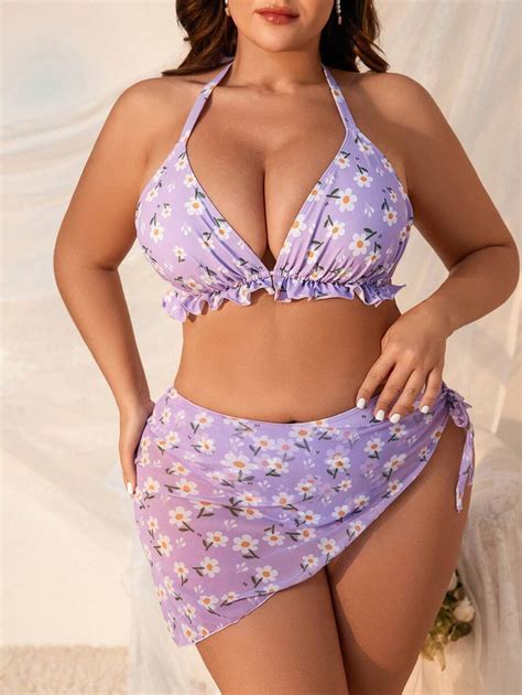 SHEIN Swim Mod Plus Size Floral Print Ruffled Bikini Set With Beach