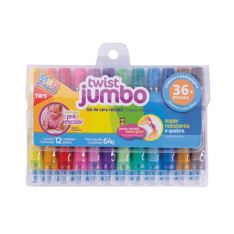 Giz de Cera Retrátil Twist Jumbo TRIS Estojo c 12 Cores Papelaria