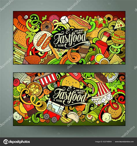 Fast Food Hand Drawn Doodle Banners Set Cartoon Detailed Flyers Stock Vector Image By ©yay