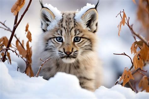 Premium AI Image | Lynx cub exploring its winter habitat