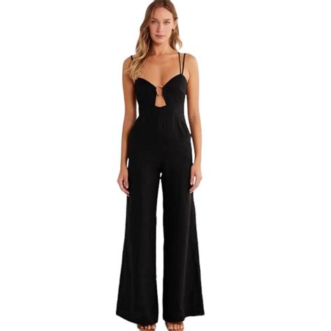 REVOLVE RUMER THE LABEL Byron Ring Jumpsuit Black Linen Wide Leg NWT