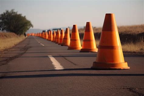 Premium AI Image | Row of traffic cones on a long empty road