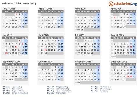 Kalender Luxemburg 2026 mit Feiertage