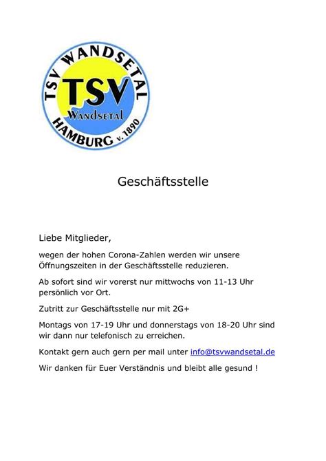 Ge Nderte Ffnungszeiten Der Gesch Ftsstelle Tsvwandsetals Webseite