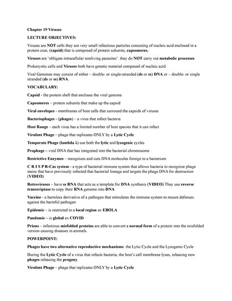 Summary Notes Chapter 19 Viruses 4 Chapter 19 Viruses LECTURE