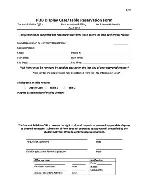 Fillable Online Lhup Pub Display Case Table Reservation Form Lock