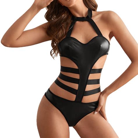 Erotic Hollow Out Leather Bikini Sexy Tight Fitting Bodysuit Pu Leather