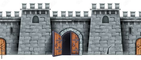 Castle stone wall, seamless medieval game background, opened wooden city gate, old door ...