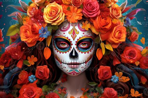 Dia De Los Muertos Poster In Traditional Mexican Style Perform Beauty Of Calavera Catrina