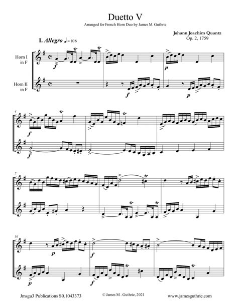 Quantz Duetto Op No For French Horn Duo Arr James M Guthrie