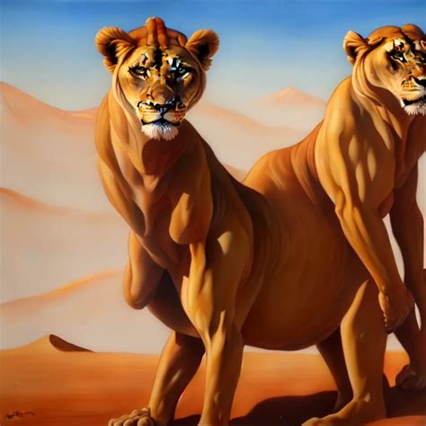 Anthromorphic Lioness Desert Oil On Canvas Stable Diffusion Openart