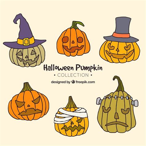 Free Vector | Halloween pumpkins of different shapes, colors, in witch hats