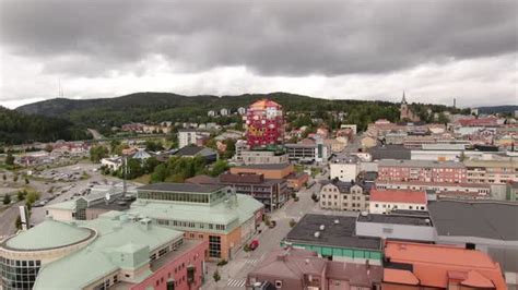 Aerial pull in over city center of Örnsköldsvik in Sweden on a cloudy ...