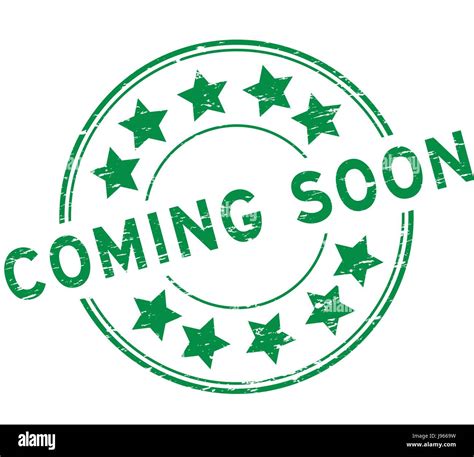 Grunge Green Coming Soon With Star Icon Round Rubber Stamp On White