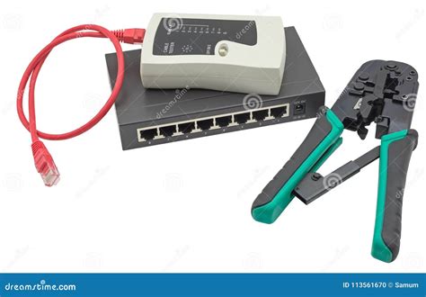 Network Switch, Ethernet Cable, Crimper And RJ45 Cable Tester Stock ...