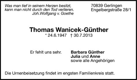 Traueranzeigen Von Thomas Wanicek G Nther Stuttgart Gedenkt De