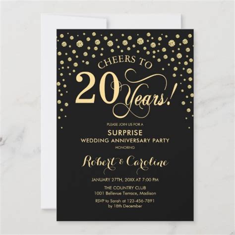 Surprise 20th Anniversary Celebration Black Gold Invitation