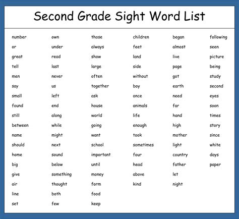 Nd Grade Sight Word List Printable