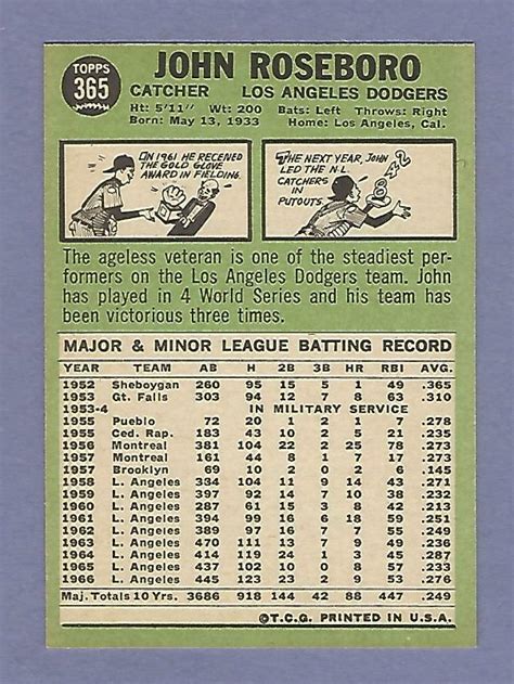 1967 Topps 365 John Roseboro Los Angeles Dodgers NrMt EBay