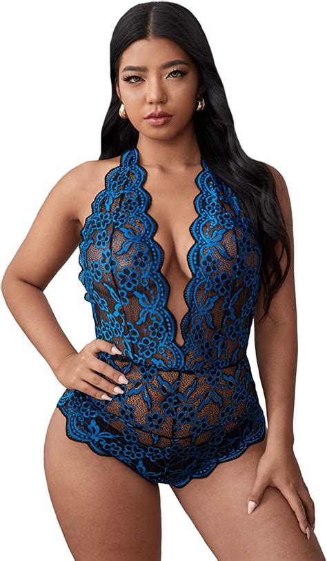 Oyoangle Women S Plus Size Floral Lace Teddy Lingerie V Neck Backless