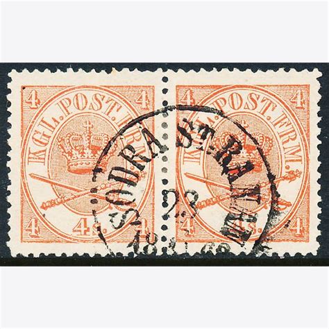 4 sk rød pænt par med Svensk stempel 1864 Danmark AFA 13 Frimærke