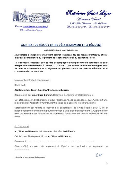 Pdf Contrat De S Jour Entre L Tablissement Jour Ehpad La