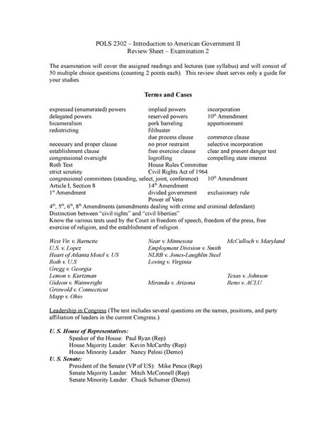 Exam 2 Review POLS 2302 Introduction To American Government II Review