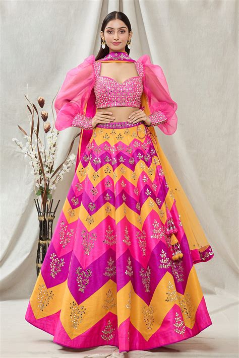 Buy Pink Dupion Silk Embroidered Mirror Sweetheart Neck Lehenga Set For