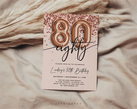 Rose Gold 80th Birthday Invitation Rose Gold Confetti 80th Birthday