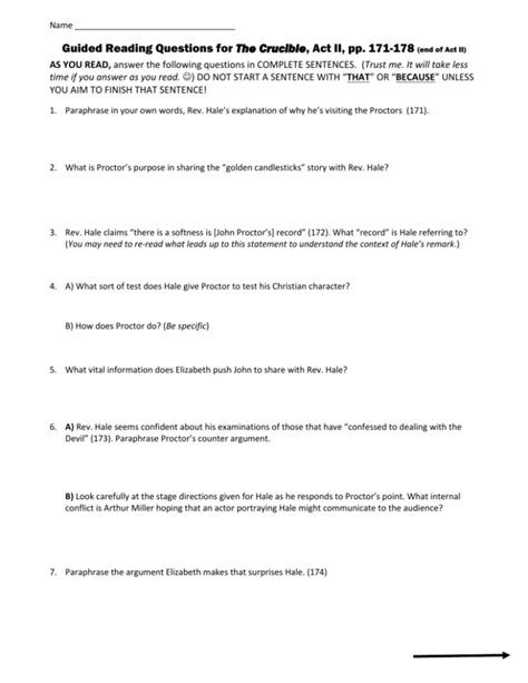 Guided Reading Questions For The Crucible Act II Pp 171