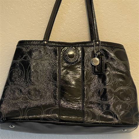 Coach Signature Tote Bag Black Patent Leather Handbag Kiss Lock Purse F19215 Ebay