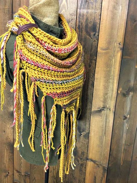 Eclectic Wool Crochet Triangle Scarf With Fringe By Knotsewkrazy