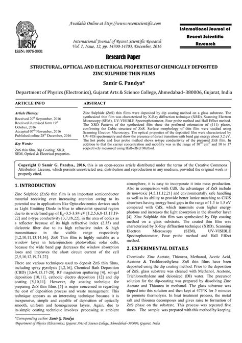 Pdf Structural Optical And Electrical Properties Of Chemically