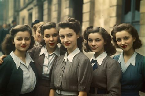 Premium AI Image | Vintage photo of five women in oldfashioned school ...