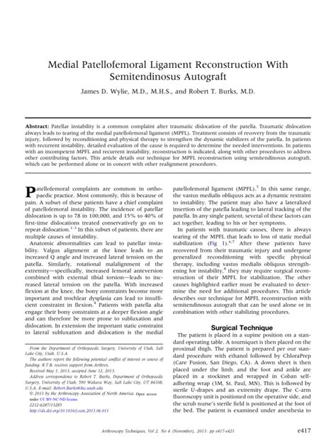 Medial Patellofemoral Ligament Reconstruction With Semi 2013 Arthroscopy Tec | PDF | Knee | Joints