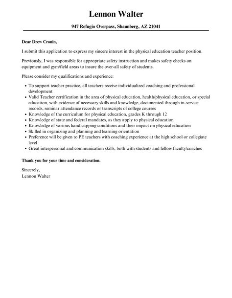 Physical Education Teacher Cover Letter Velvet Jobs