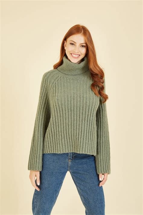 Yumi Green Roll Neck Ribbed Jumper Yumi